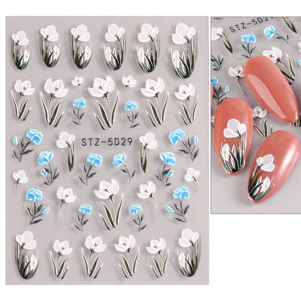 3D-präglad blomma våren Nail Art Stickers Dekaler Självhäftande 5D Sommar Färgglada blommiga Nageltillbehör Dekoration Tillbehör 4 ark