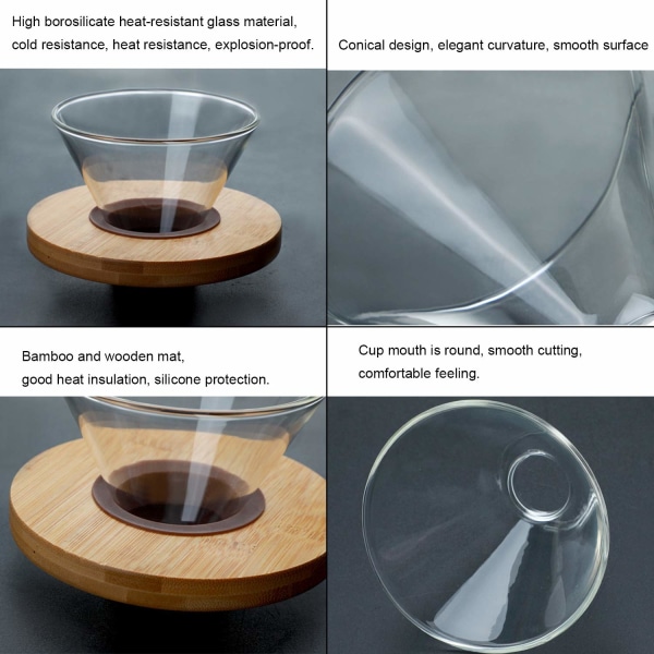 Gjennomsiktig glass kaffedripper kaffefilterholder kaffefiltertrakt med trepute kaffetrakter