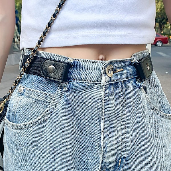 Herre bælte uden spænde - Spændefri, usynligt elastisk bælte til mænd og kvinder - Justerbart taljebælte til jeans og bukser, sort