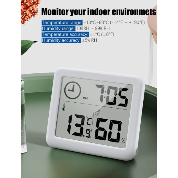 Digitalt termo-hygrometer 3,2" stor LCD-skjerm termometer med temperatur- og fuktighetsmålermåler med klokke (batteri inkludert) (hvit)
