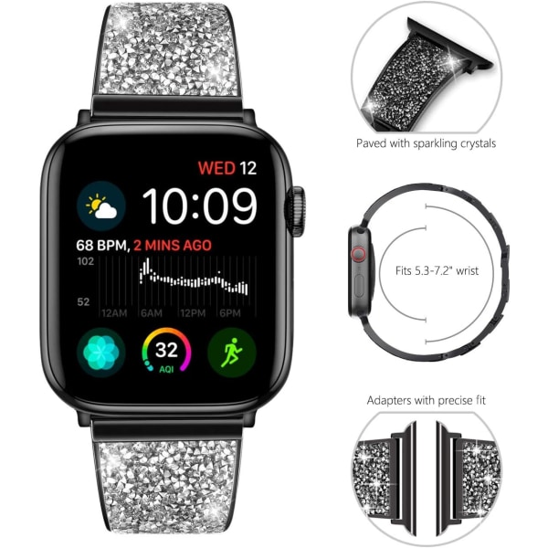 Yhteensopiva Apple Watch -rannekkeen kanssa 38mm 40mm 41mm, naisten kimalteleva kristallitimanttiranneke iwatch-sarjaan black 38/40/41MM