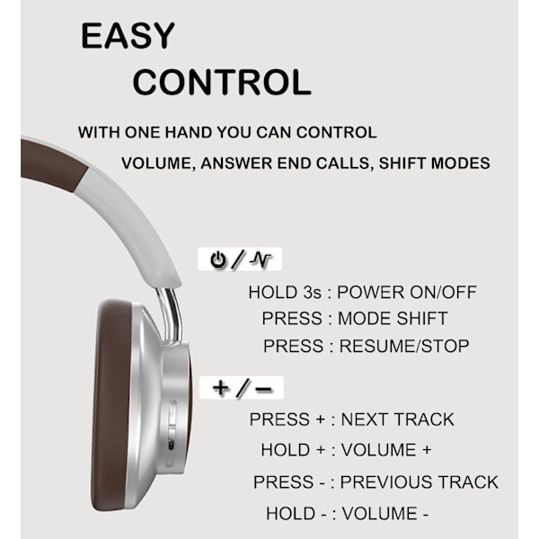 Bluetooth Over-Ear Hovedtelefoner Trådløse Hovedtelefoner Diadema Circum-aural, Krystallyd, Lavt Strømforbrug, ANC, Letvægtskomfort – Kompatibel - 902 Brun