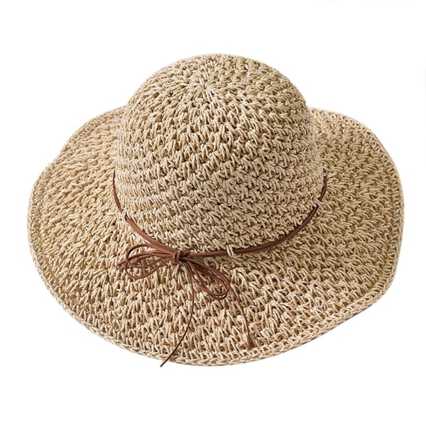 Solhatt för damer, hopfällbar halmhatt, bred brättad solhatt, rosett, justerbar cap Elegant bucket hatt skyddsmössa Beige