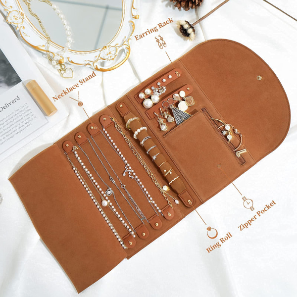 Travel Jewelry Organizer Case Nahkakorurulla Matkalaukku korvakoruille, sormuksille, kaulakoruille, rannekoruille (ruskea)