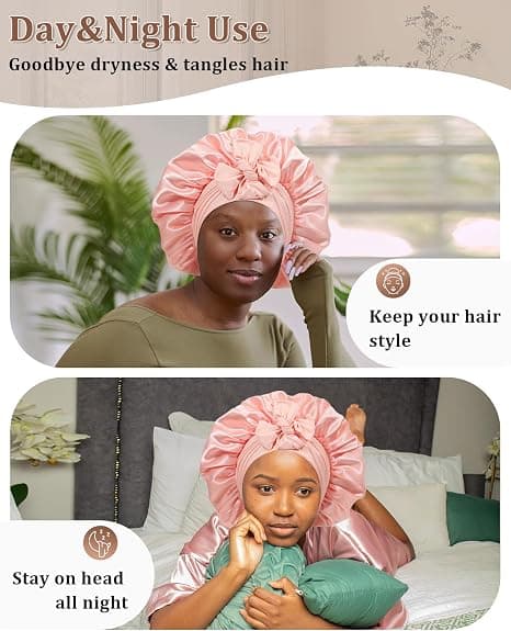 Satin Bonnet för Sömn Kvinnor Dubbellager Hårmössa med 2 st Hårsnoddar Elastiskt Band Nattmössa pink