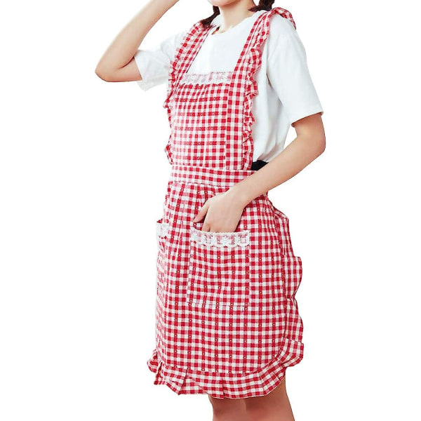 Forklæde Køkken Bage Forklæder Vintage Dame Forklæder Rød Gitter Frilly Forklæder Prinsesse Fødselsdagsgave Bomuld Pinafore Forklæder til Kvinder Pige med Lommer