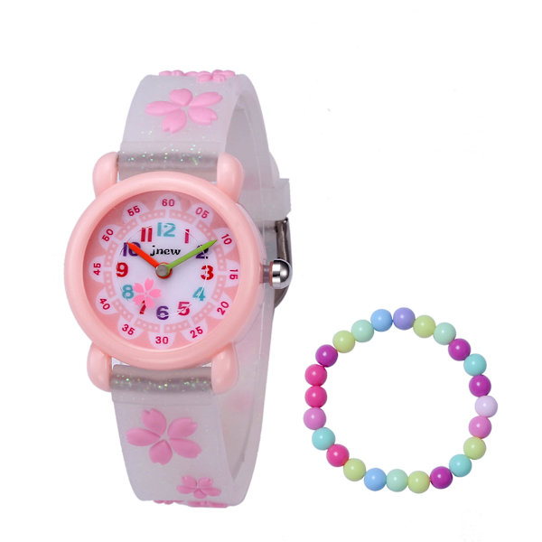 Barnklockor för flickor i åldern 3-10 år, analog kvartsklocka, söt 3D-tecknad barnklocka, silikonarmband, flickklocka pink