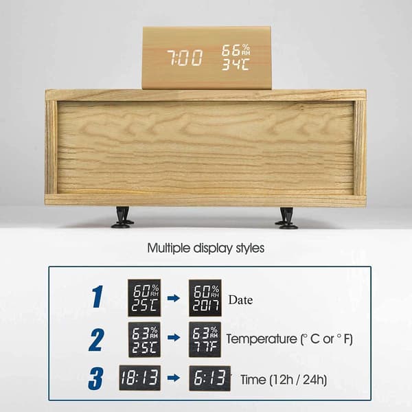 LED-trä digital väckarklocka, 12/24 timmar, datum, temperatur, touch-aktiverad multifunktions väckarklocka för sovrum kontor sängbord