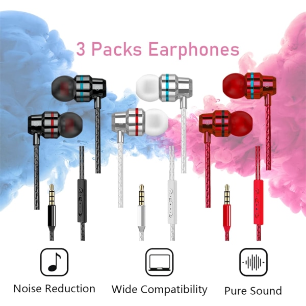 3-pakke hodetelefoner, øretelefoner med ledning med mikrofon og volumkontroll, støyisolering og dyp bass, lette hodetelefoner