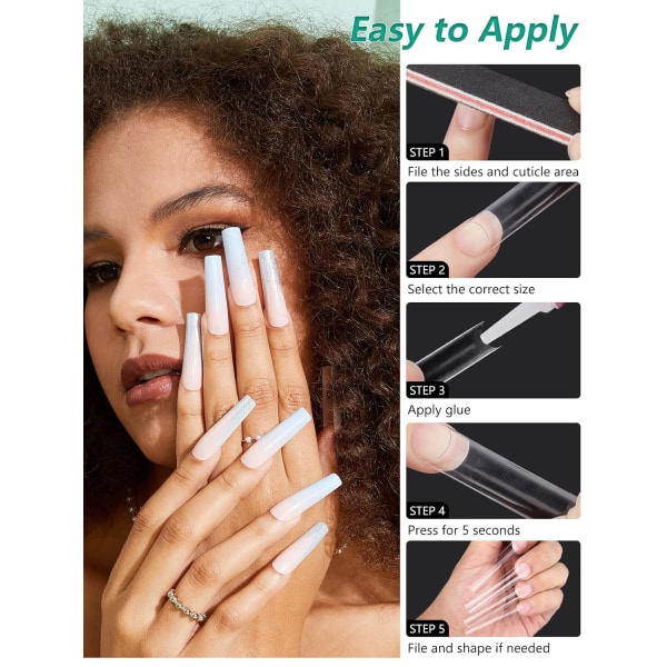 Klara nagelspetsar för akrylnaglar professionella, raka avsmalnande fyrkantiga franska falska nagelspetsar för nagelsalonger hem DIY