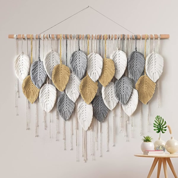 Macrame Väggbonad Stor Gobeläng Vävd Väggbonad Boho Macrame Blad Väggdekoration Fjäder Chic Vävd Konst White-khaki-gray