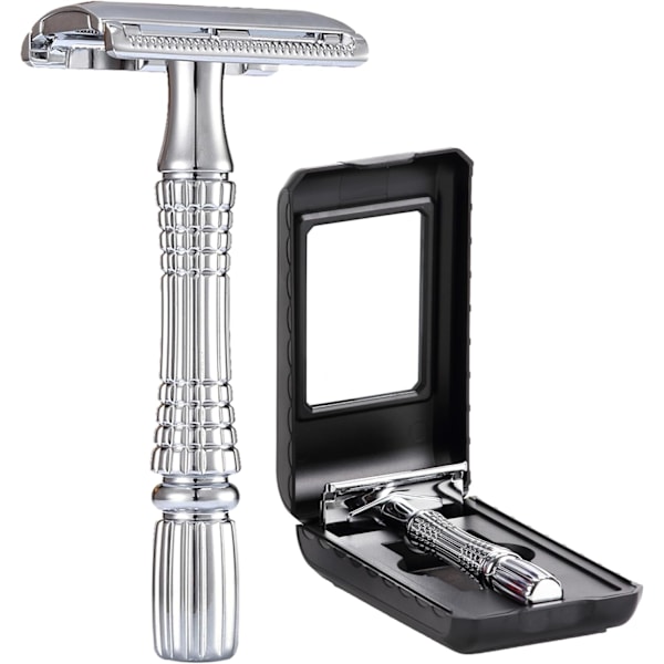 Double Edge Safety Razor Rustfri Genanvendelig Manuel Rustfri DE Vådbarbering til Mænd Kvinder med Spejl Rejseetui sølv
