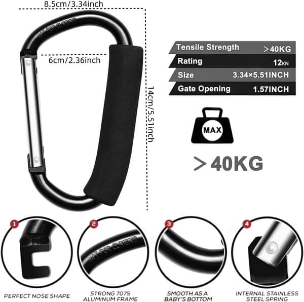 2-pack Stora Buggy Clips Låsande Karbinhakar Kraftiga Aluminiumkarbinhakar Supertålig Låskarbinhake