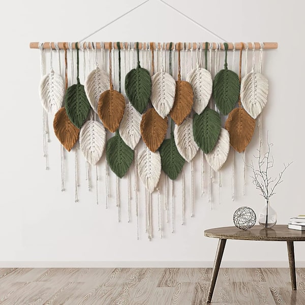 Macrame Väggbonad Stor Gobeläng Vävd Väggbonad Boho Macrame Blad Väggdekoration Fjäder Chic Vävd Konst White-brown-military green