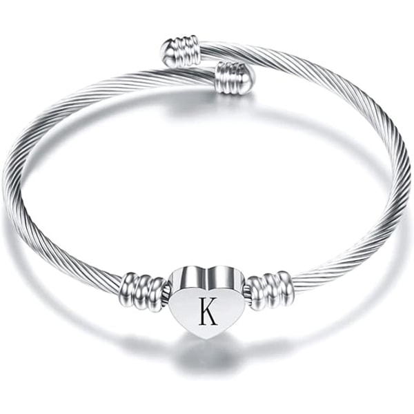 Initial bogstav manchet armbånd til kvinder piger udvidelig kærlighed hjerte sølv alfabet bangle familie mor datter mors dag valentins fødselsdag K