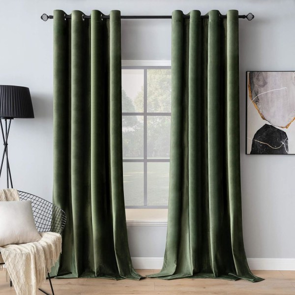 Fløjlsgardiner Olivengrøn Ekstra lange Elegante gennemføringsgardiner, Mørkegardiner til værelset, til klassisk stue-soveværelsesindretning