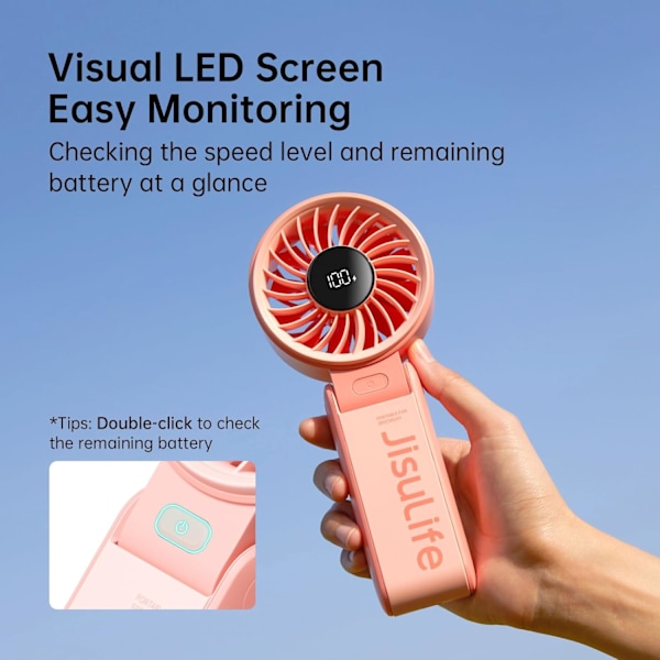 Håndholdt ventilator Life7 – Ultimativ fleksibilitet: Højtydende motor, LED-display, 5000mAh genopladelig, 5-trins, foldbart design Pink