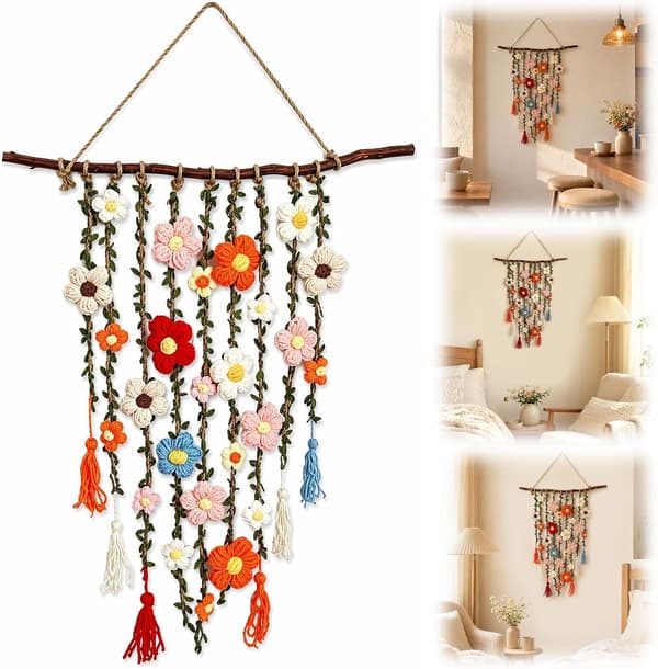 Boho Virkad Blomväggdekoration | Blommig Makramé Väggbonad i Bomull | Boho Lantlig Inredning med Kaskadblommor