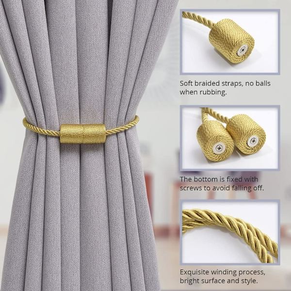 2-pack magnetiska gardinbindningar, handgjorda vävda repgardin hållare bekväma dekorativa gardin draperingsbindningar för hem och kontor fönsterdraperi Gold
