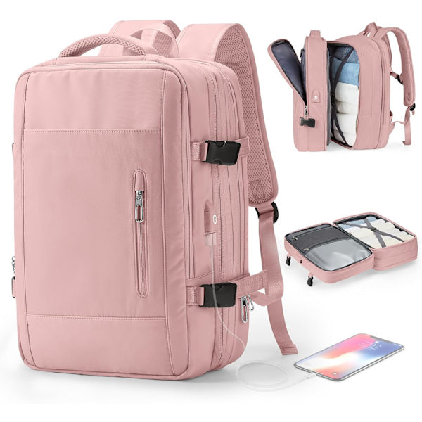 Stor Resebackpack för Laptop för Kvinnor, Handbagage Godkänd av Flygbolag, Utbyggbar Arbetsryggsäck, Personligt Föremål med Laptop pink