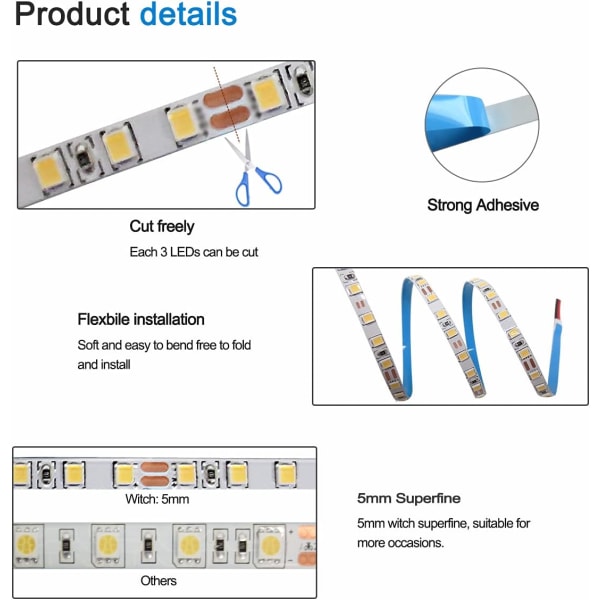 LED-stripe 12V, 1 cm bred, LED-stripe 3000K 5M varm hvit 2835