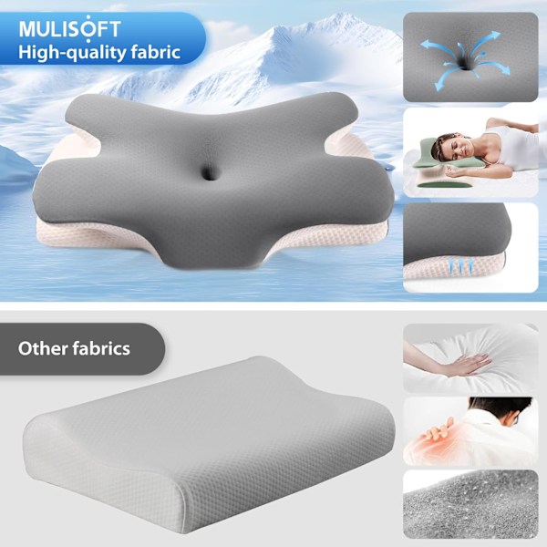 Memory Foam Kudde, Bekväm Kudde, Stödjande Nackkudde, Ergonomisk sidokudde (GRÅ)