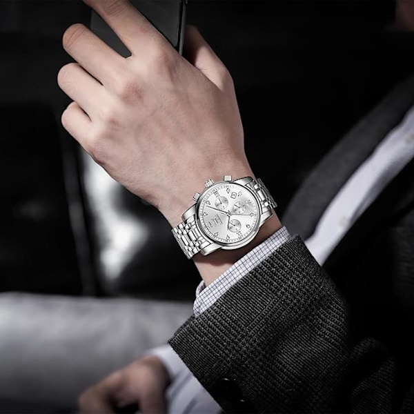 OLEVS Herre Chronograph Klokke, Vanntett Multifunksjonsurskive med Dato Diamantklokker for Menn White Dial/Silver Band