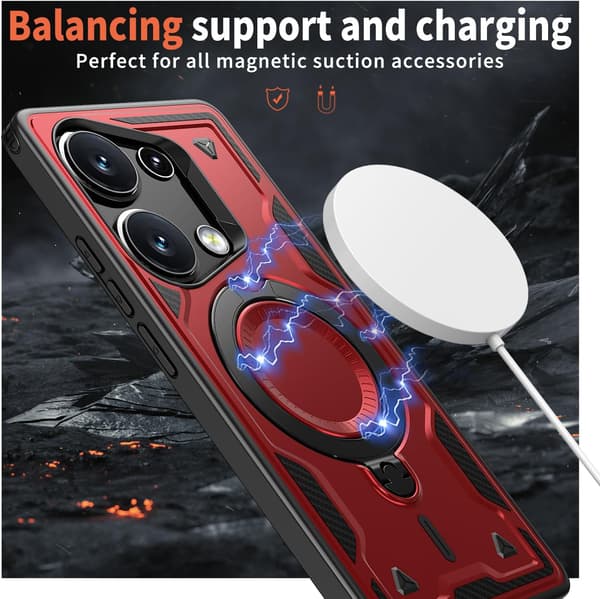 Xiaomi Redmi Note 13 Pro 4G /Poco M6 Pro 4G panserveske, 360 metallringstativ magnetisk støtsikker kollisjonsputestøtfangerdeksel rød