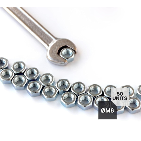 Mutter, 50 sekskantet mutter M8, 6,5 mm x 13 mm, galvanisert stål, M8 mutter for bolter og muttere, koblingselementer, innvendig og utvendig justering og festing
