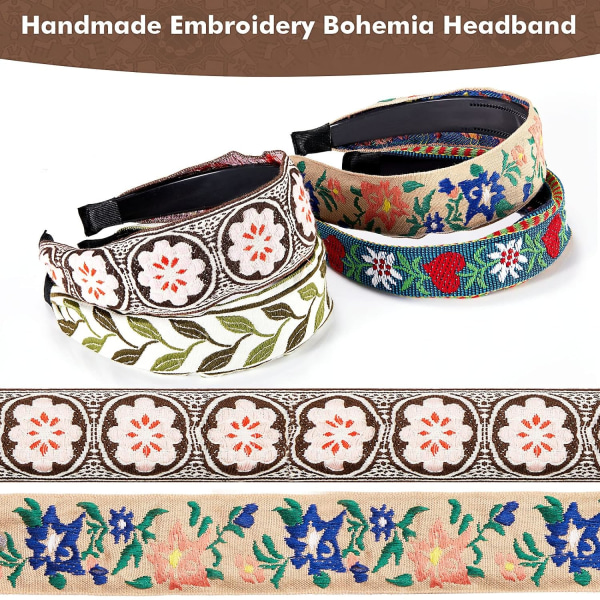 4 stykker Pandebånd Håndlavet Broderi Bohemia Blomster Brede Pandebånd Vintage Etnisk Stil Hårbånd til Kvinder Piger Hårtilbehør