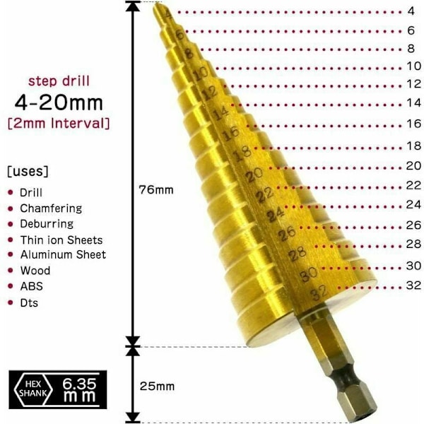 Sæt med 3 trinstyr, rustfrit stål, 4-12/20/32 mm, titanium konisk trekant, med sekskantet skaft