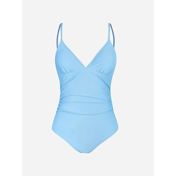 Dam Baddräkt En Del V-ringning Magekontroll Rynkad Framsida Låg Rygg Baddräkt Badkläder - Himmelsblå - Storlek XL Sky blue XL