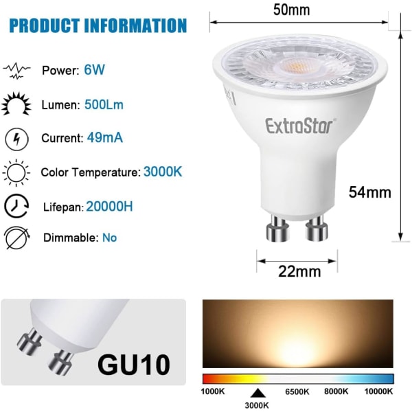 5 kpl GU10 LED-lamppua 6 W (vastaa 60 W), lämmin valkoinen 3000K 500 lumenia, Gu10 LED-lamppu 120° leveät säteet, välkkymätön upotettu spottivalo, himmennettävä