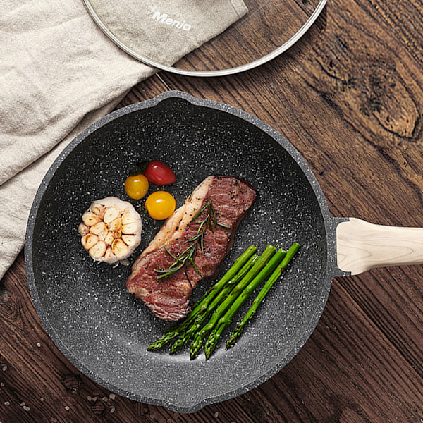 24 cm Non-stick Induktionskomfur Sten Stegepande, Non-stick Stegepande, Omeletpande - Med Glaslåg