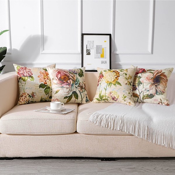Putetrekk Sett med 4 Blomster Firkantet Putetrekk Dekorative Putetrekk Hjem Dekor Putetrekk Blomstrete Putetrekk 45x45cm