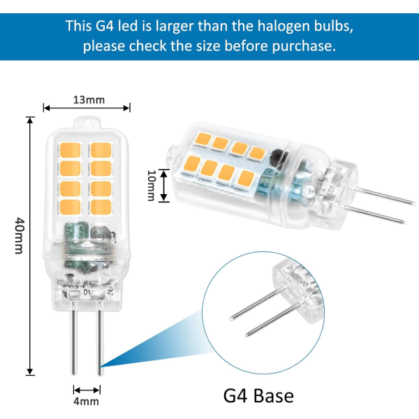 G4 LED-pære 12V 3W, ikke-dimbar, 16*SMD 300LM varm hvit 3000K, 25W G4 halogenpære-ekvivalent, G4 LED-pære for skapbelysning, landskapsbelysning, 6 stk.