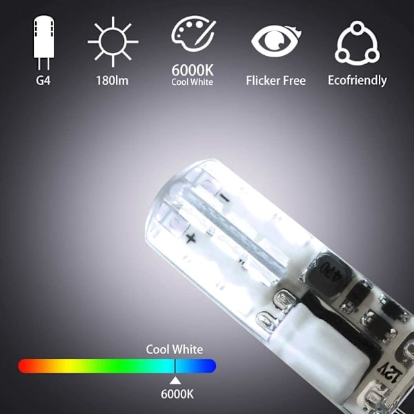G4 LED-pære, 12V 2W svarende til 20W halogenpære, kølig hvid 6000K, 180LM, flimmerfri, til emhætte, lysekrone, ikke-dæmpbar, 10 stk.