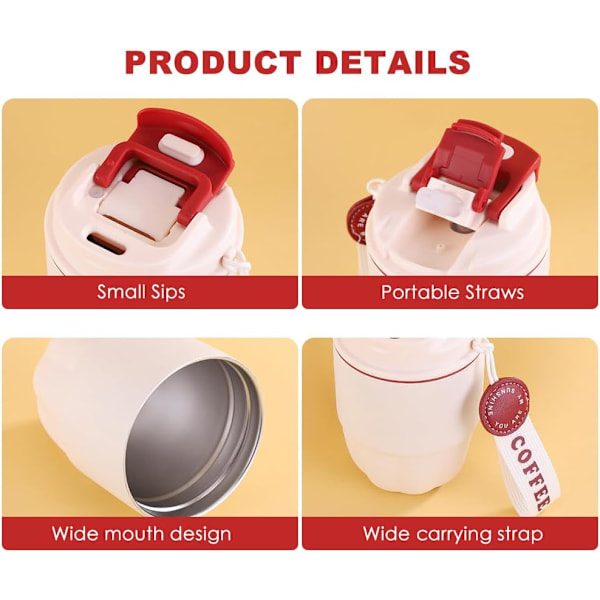 Kaffe Termos, 320ml Termisk Mugg, Mini Isolerad Kaffe Mugg, Rostfritt Stål Foder + Dubbel Pip för Drickande, Läckagesäker Blanco