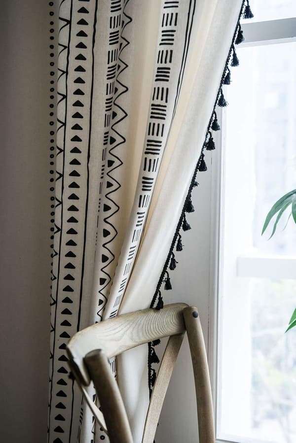 Panel Bohemian Bomull Linne Gardiner med Svart Tassel för Vardagsrum Sovrum (Vit, 150x180cm)
