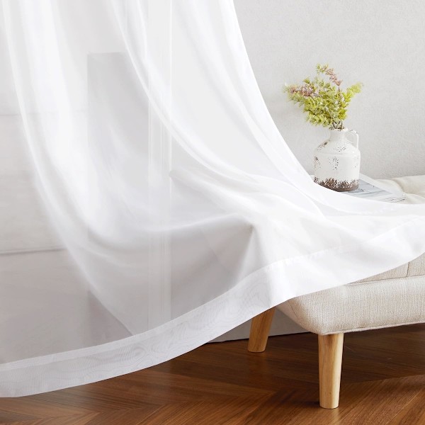 Sjønne Gardiner Ekstra Lengde, Brede Solide Voile Vinduspaneler for Patio/Skyvedør/Stue (54\" B x 108\" L, Hvit, 2 Stykker)