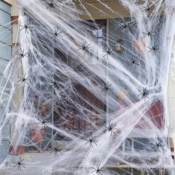 Halloween Spindelvæv 300g strækbart spindelvæv med 60 små sorte edderkopper til fester