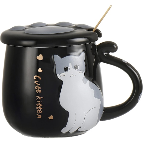 Krus Sød Keramisk Kaffekop med Dejligt Kattepote-låg Rustfri Stål Ske, Specielt Tekop Sæt 450ml/16oz (Sort)