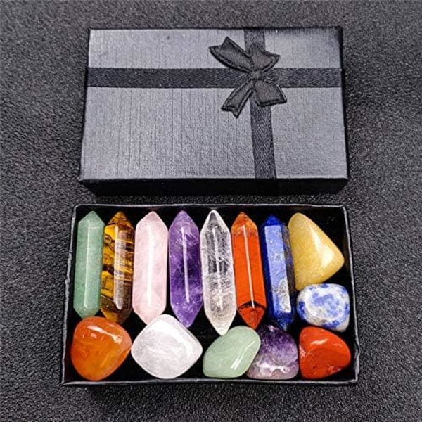 14 stk Premium Healing Crystals Kit i gaveeske -7 Chakra Set Tumbled Stones, 7 Chakra Stone Set Meditasjonsstein Yoga Amulett med gaveeske 0.2*0.9in
