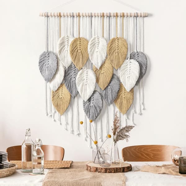 Macrame väggdekoration med blad - Bohemisk väggdekor - Handgjord vävd väggkonst