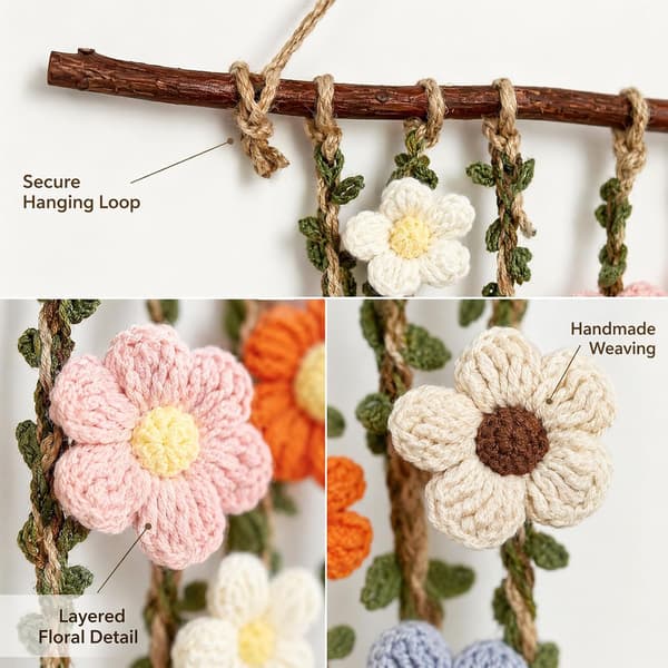Boho Virkad Blomväggdekoration | Blommig Makramé Väggbonad i Bomull | Boho Lantlig Inredning med Kaskadblommor