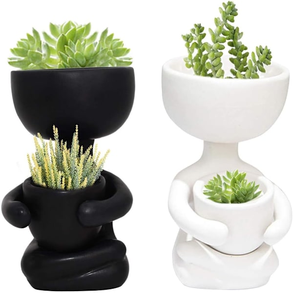 2 stk Keramiske Sukkulente Plantepotter Kreative Menneskeformede Små Kaktuspotter Blomsterpotter Mini Planteplantere (Hvit & Svart) 2.6 x 2.5 x 4.3IN