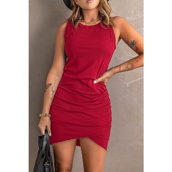 Kvinder Casual Kjole Rund Hals Rynket Sommer Ærmeløs Tank Bodycon Skjorte Korte Minikjoler Bright Red S