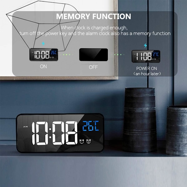 Digitalt vækkeur med stort LED-temperaturskærm, bærbart spejlur med dobbelt alarm, snooze-tid og 4 niveauer justerbar lysstyrke Black
