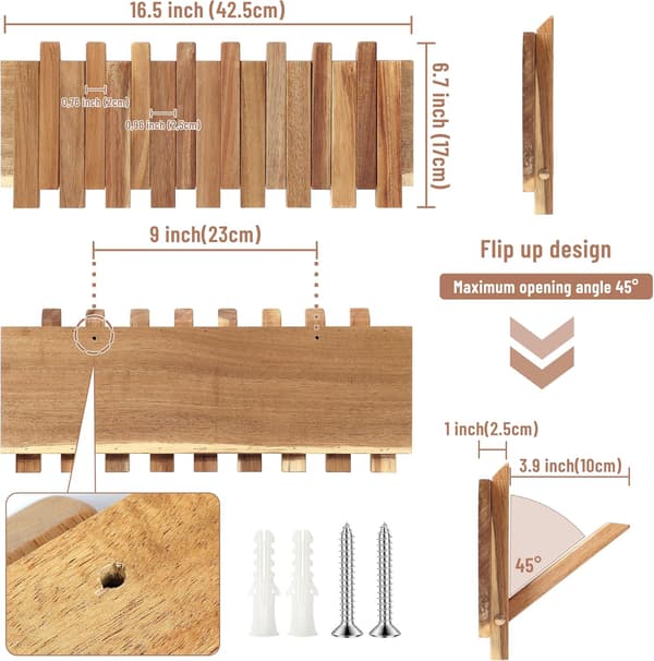 Trævægsknagerække 42,5x17x2,5cm, 8 foldbare kroge Pladsbesparende Bøjle, Rustik Akacietræ Tøjstativ til Entré, Tasker & Hatte