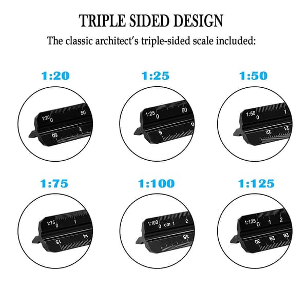 Arkitektskala, Triangulär skala i aluminium, metrisk 1:20, 1:25, 1:50, 1:75, 1:100, 1:125 Standard 12 tum Black